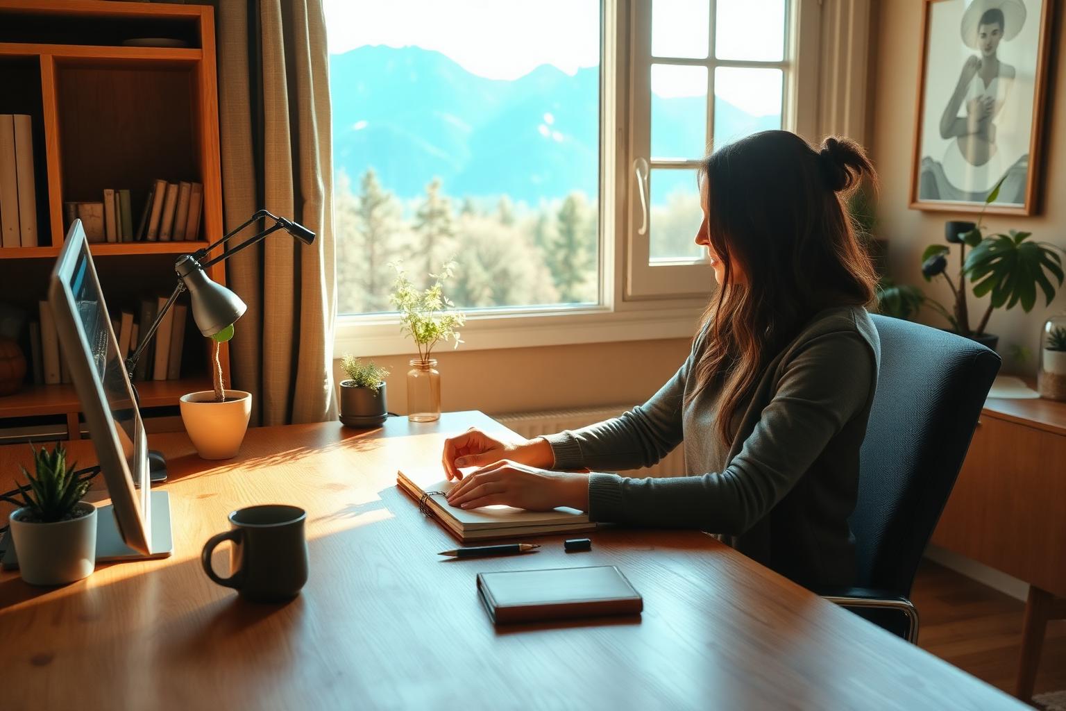 Small business owner working in a home office with a mountain view